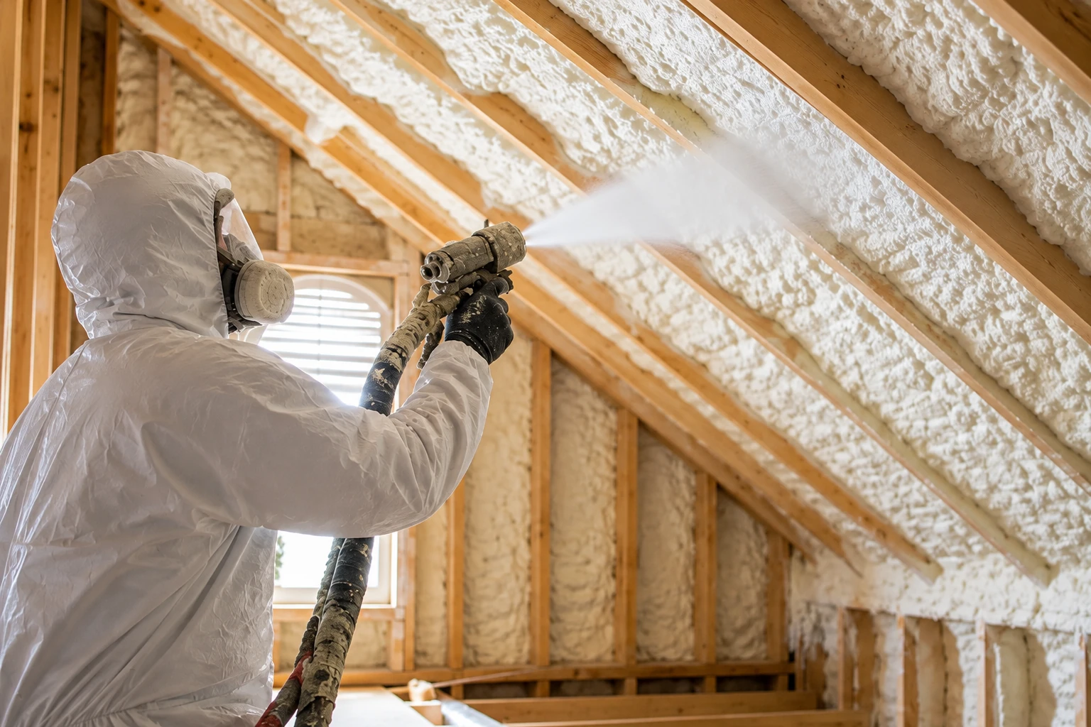 A worker in protective clothing sprays foam insulation into the sloped rafters of an unfinished attic.