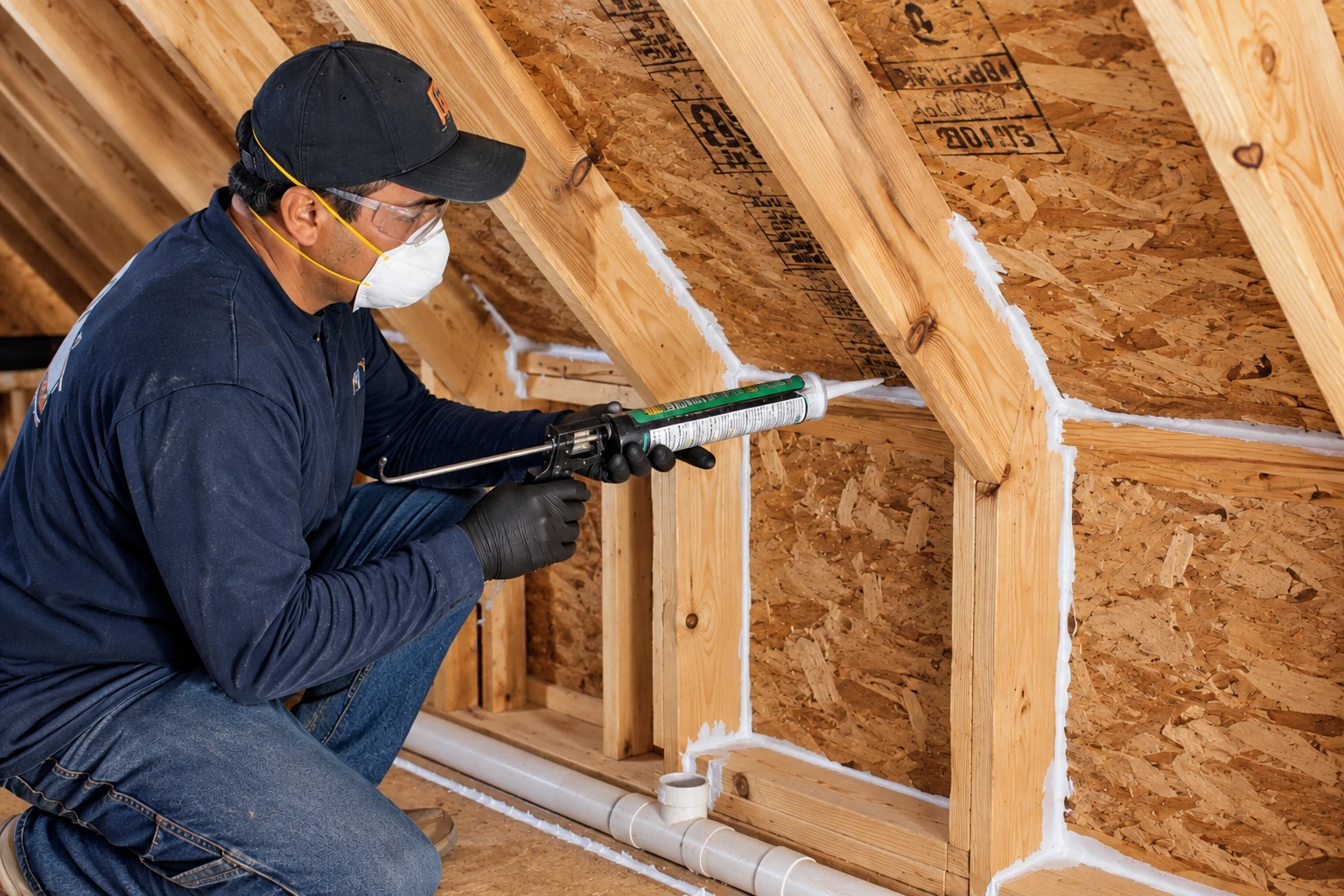 Worker applies white sealant along joints between exposed attic rafters and roof sheathing.