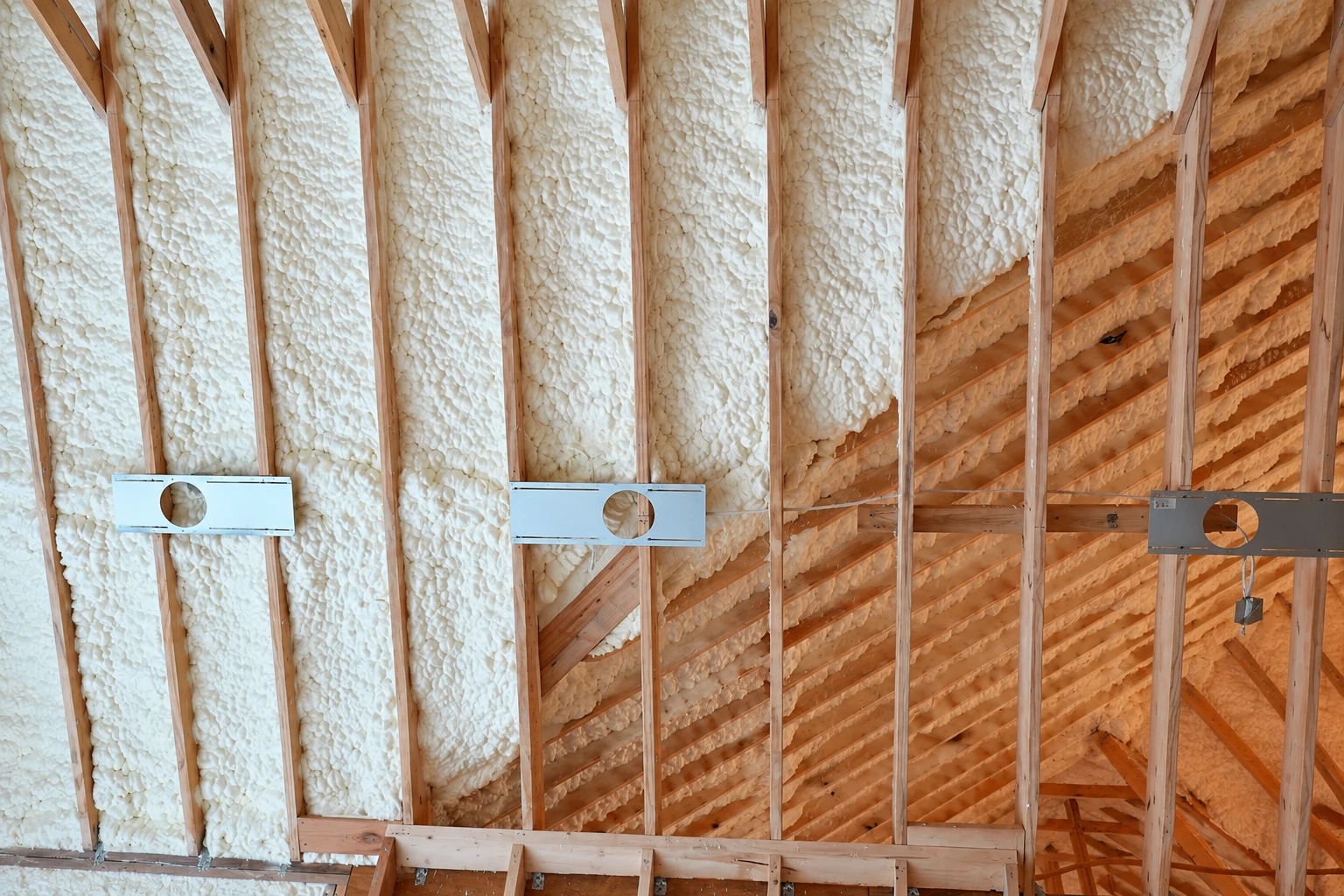 Attic rafters and wall cavities are coated with white spray foam insulation, with several metal vent plates visible.