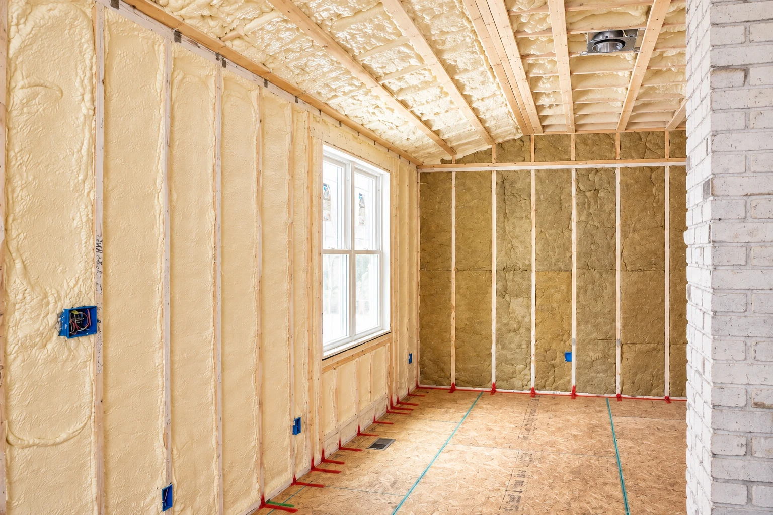 Framed room with pale spray foam on the walls and ceiling, fiberglass batts in the far wall, and a window.