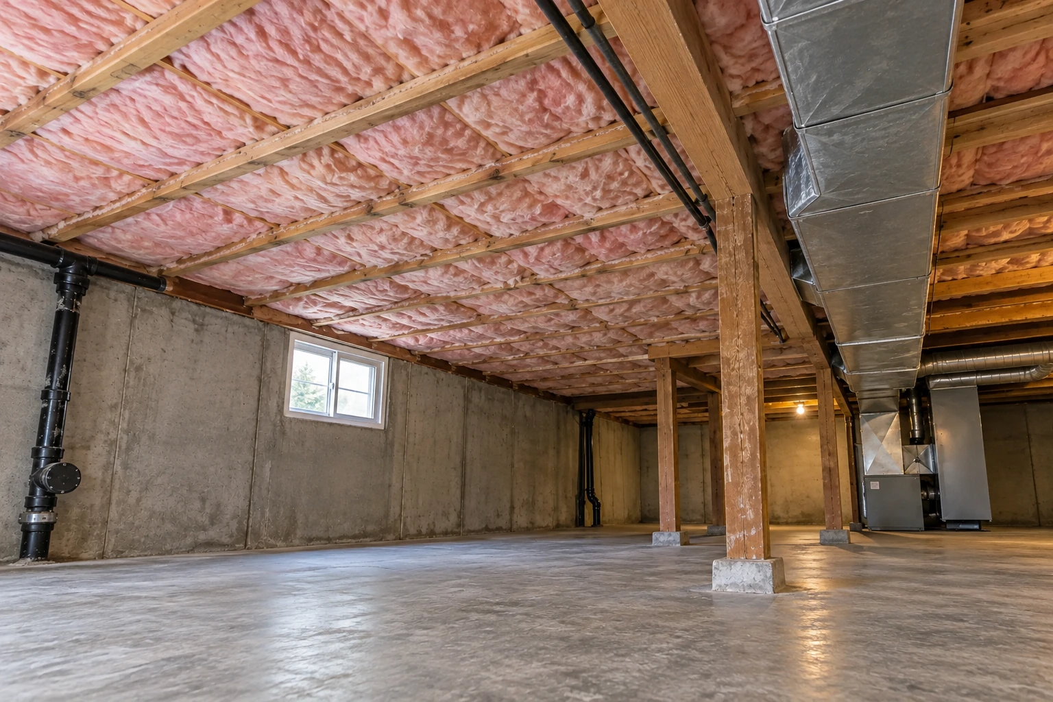 Basement with pink insulation between ceiling joists, concrete walls, support posts, and metal HVAC ductwork.