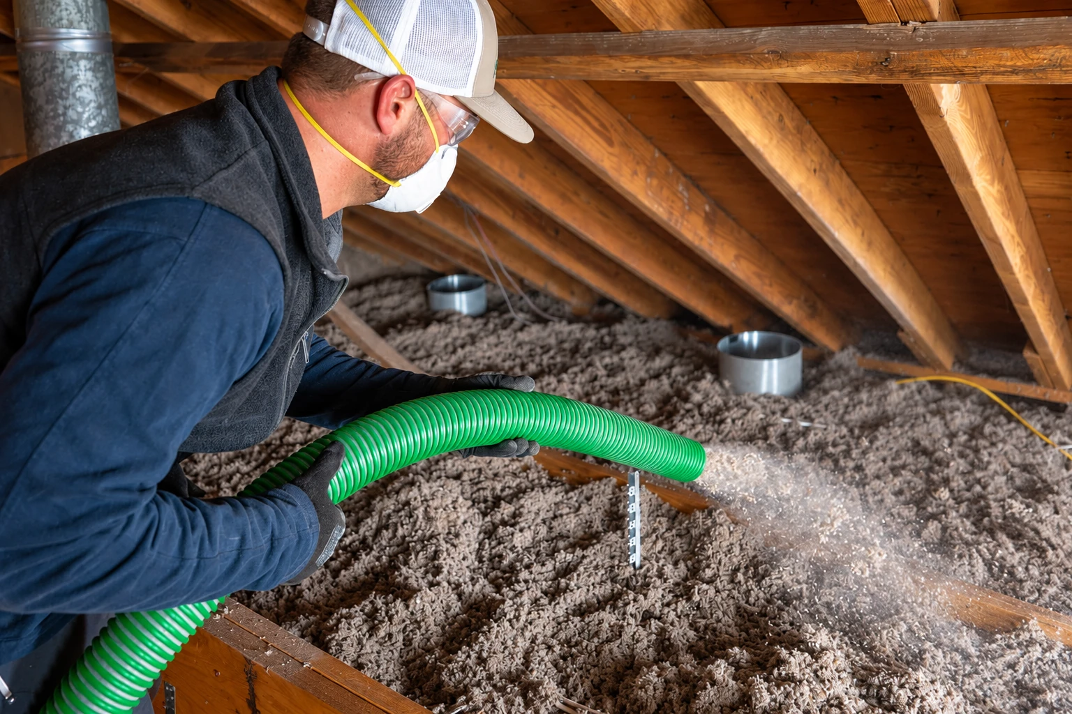 A masked worker directs a green hose to blow loose-fill insulation across an attic floor.