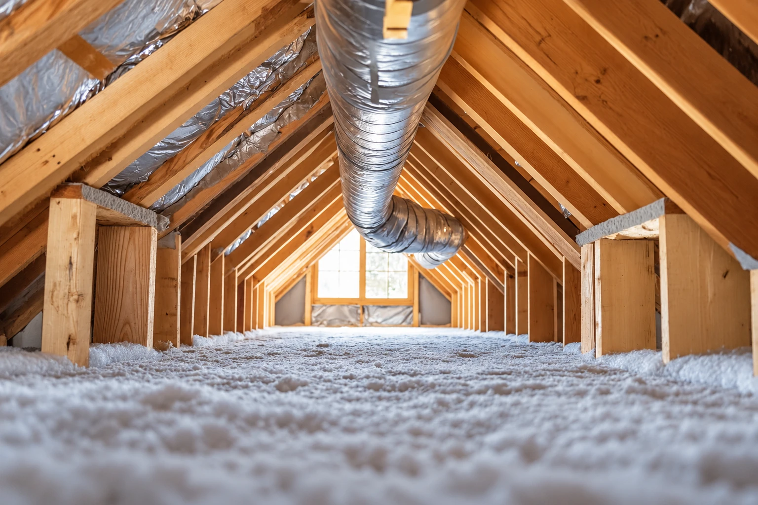 Loose-fill insulation covers an attic floor beneath exposed rafters and a large silver duct.