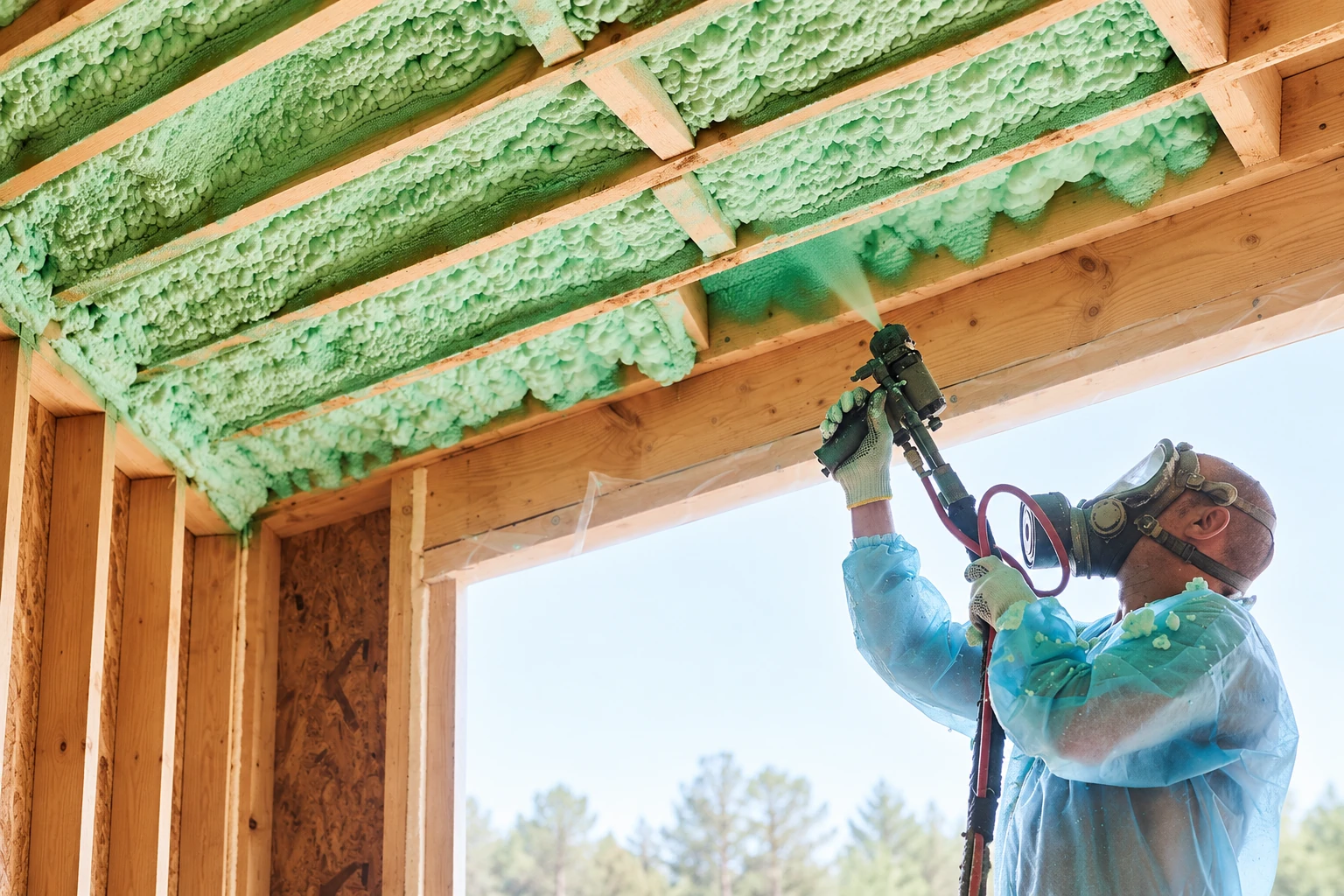 Worker in protective gear sprays green closed-cell foam insulation between exposed roof rafters.