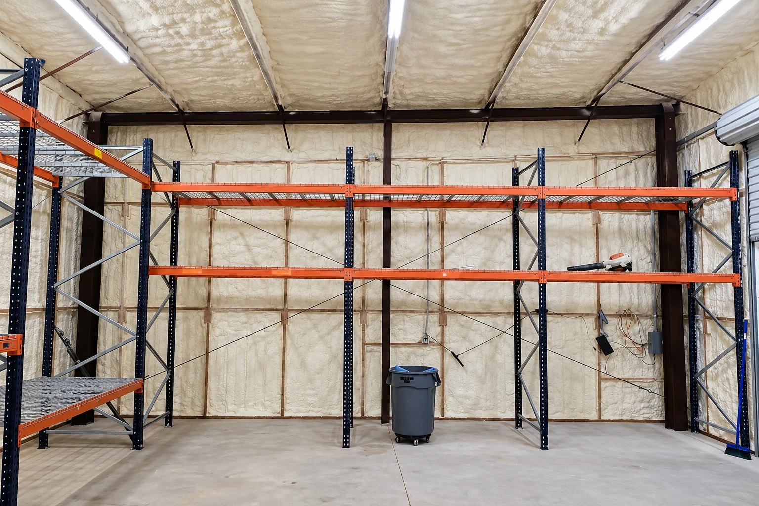 Orange-and-blue storage racks stand in a commercial building with spray foam coating its walls and ceiling.