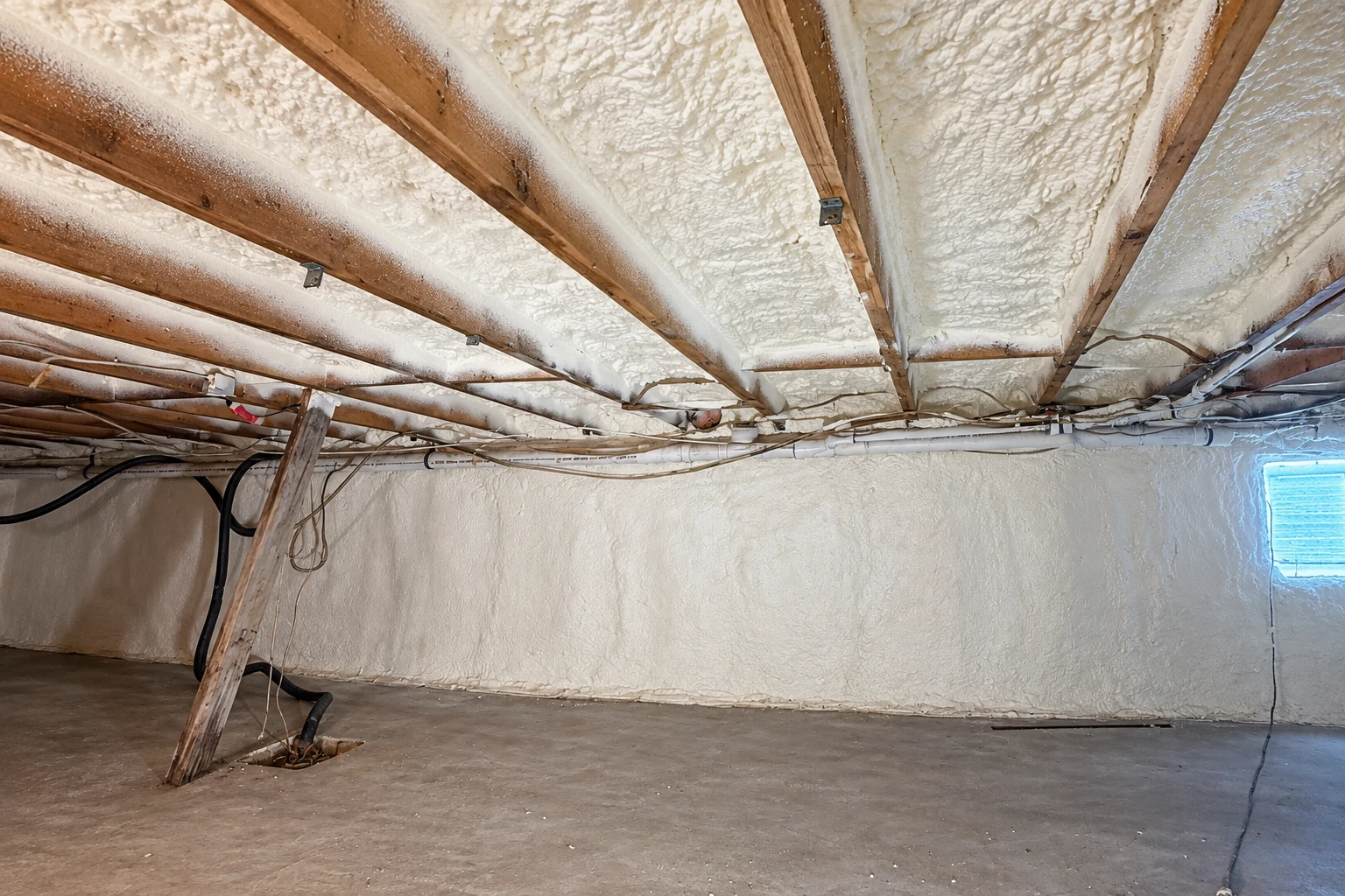Crawl space with white spray foam on the underside of the floor and walls, exposed joists, pipes, and a small window.
