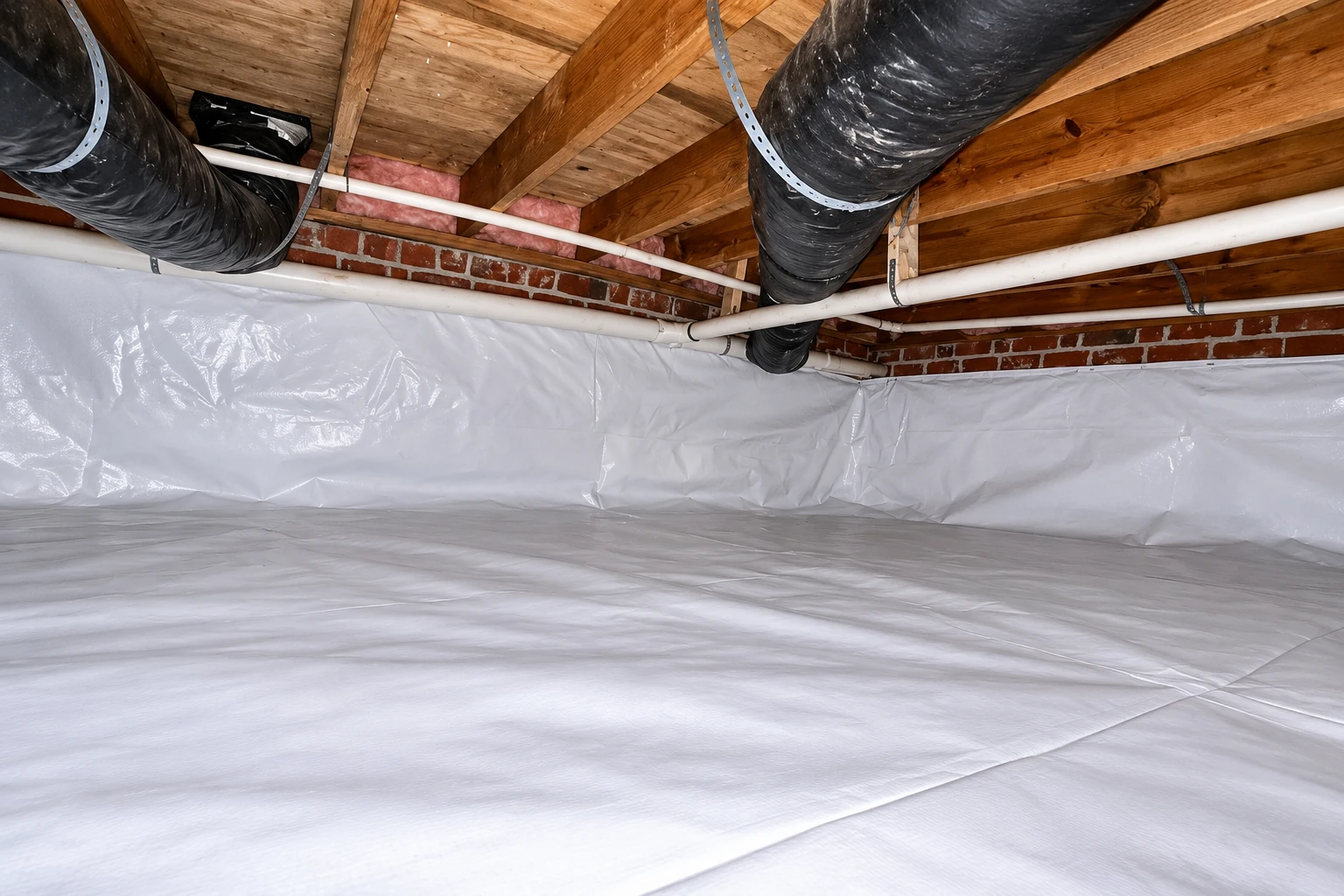 A crawl space has white vapor barrier sheeting across the floor and lower walls beneath exposed joists, ducts and pipes.