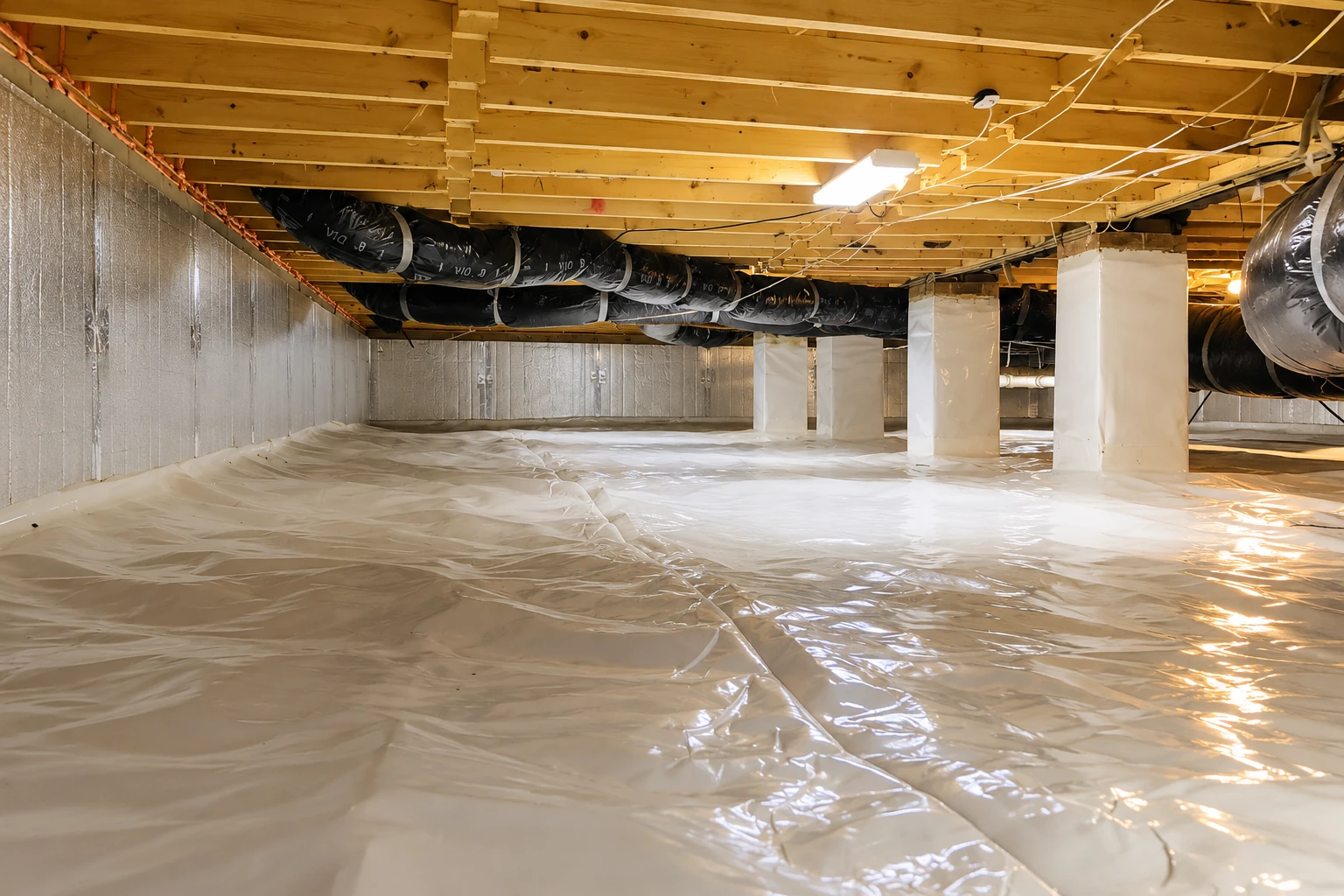 A crawl space has a white vapor barrier spread across the floor and wrapped around support columns.