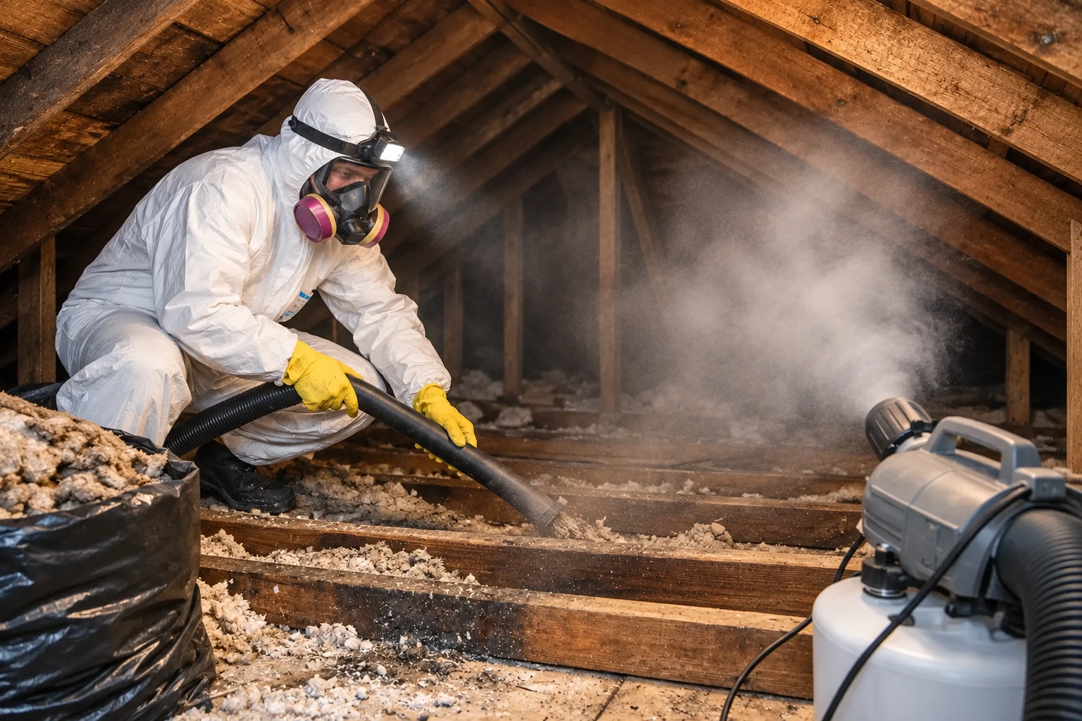 A worker in protective coveralls vacuums loose attic insulation through a hose beside a pile of removed material.