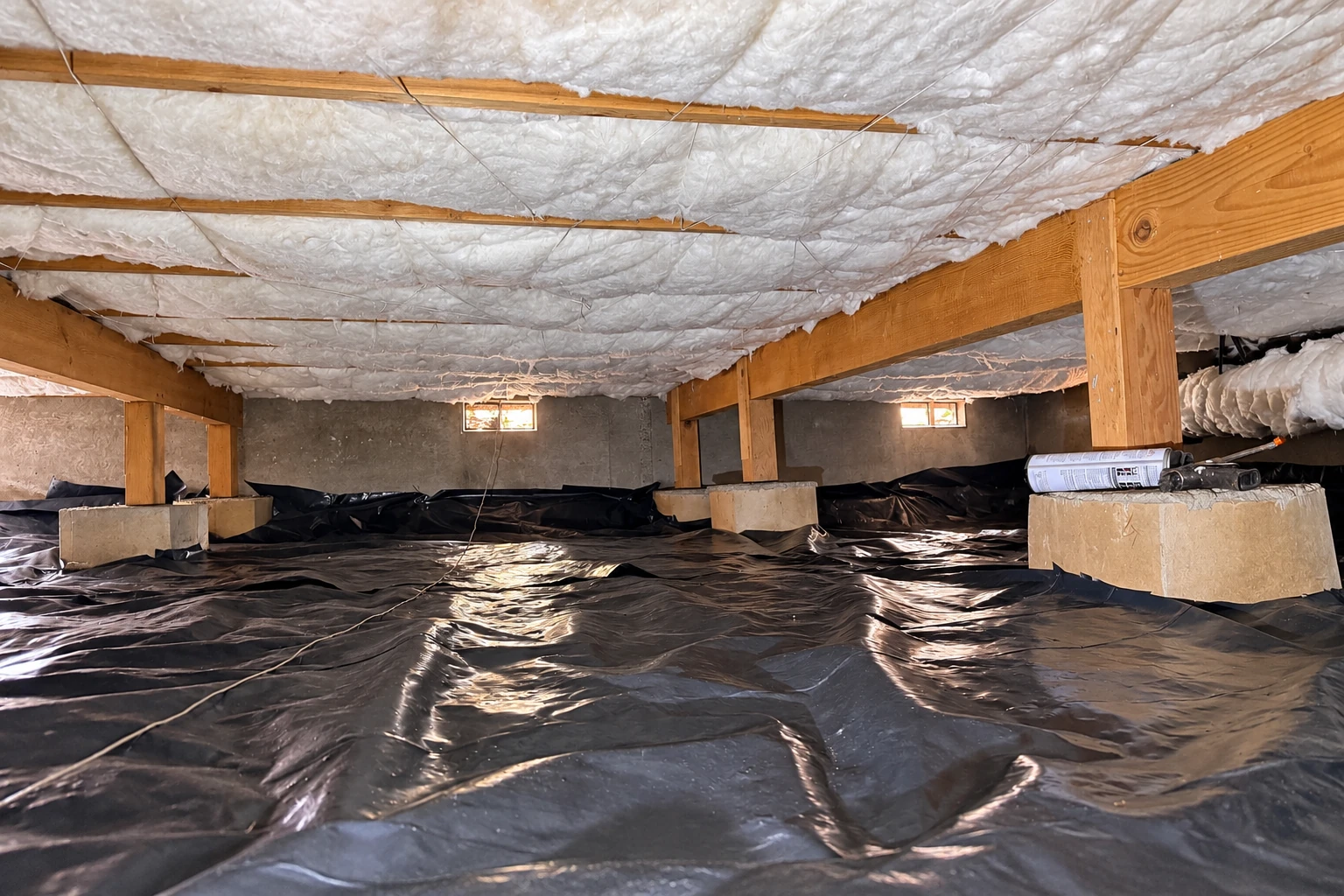 Crawl space with white insulation beneath the floor joists, exposed wooden supports, and black plastic sheeting covering the ground.