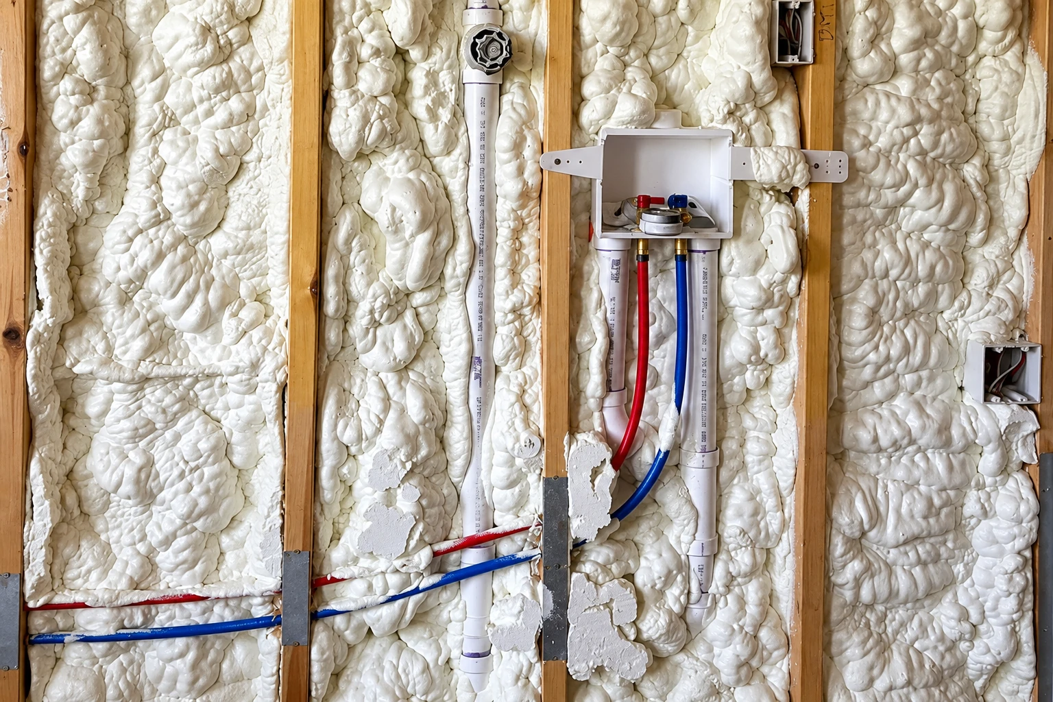 Spray foam fills the wall cavities between wooden studs, surrounding exposed plumbing and electrical boxes.