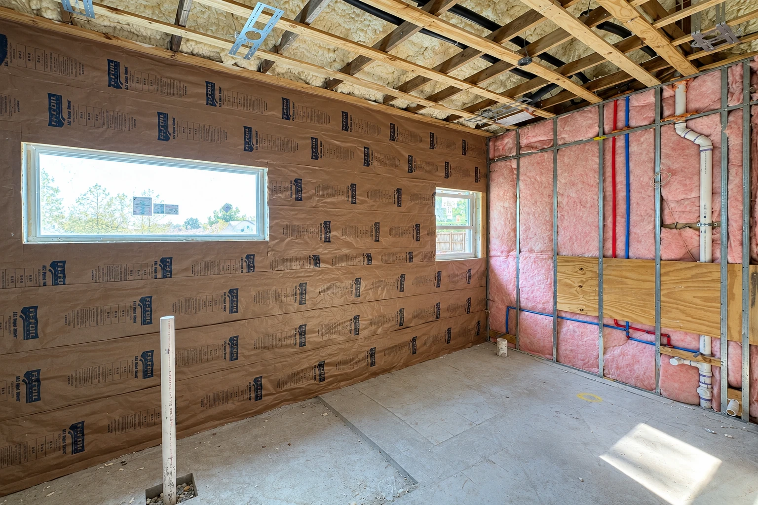 An unfinished room has brown sheeting on one wall and pink batt insulation between metal studs on another, with exposed framing overhead.