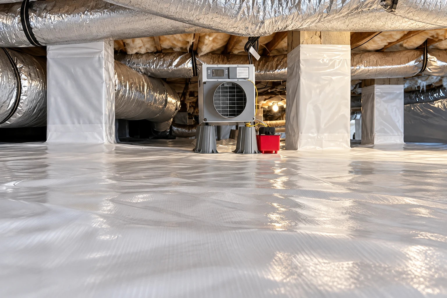 Crawl space with white plastic vapor barrier covering the floor and supports, ductwork overhead, and a ventilation unit in the center.