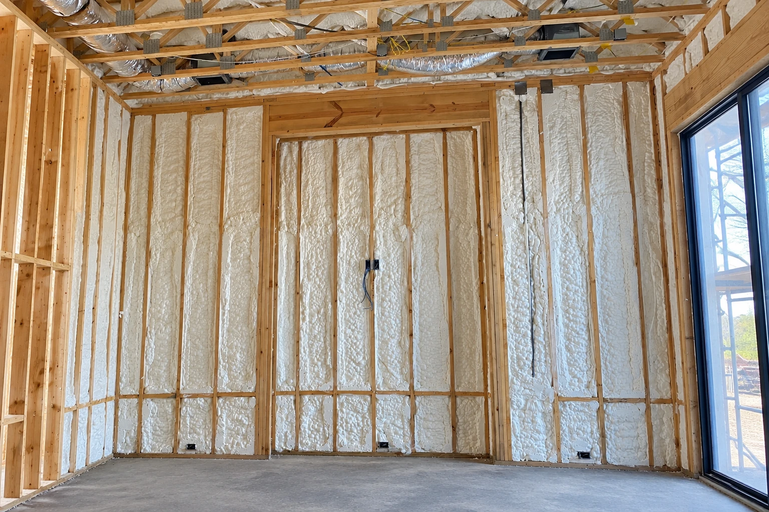 Unfinished room with white spray foam filling wall cavities in exposed wood framing and a large window at right.